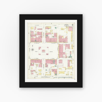 Old map wall art mockup — black gallery frame with white mat — Sanborn Fire Insurance Map from Tyler, Smith County, Texas (1907), Sheet #0009