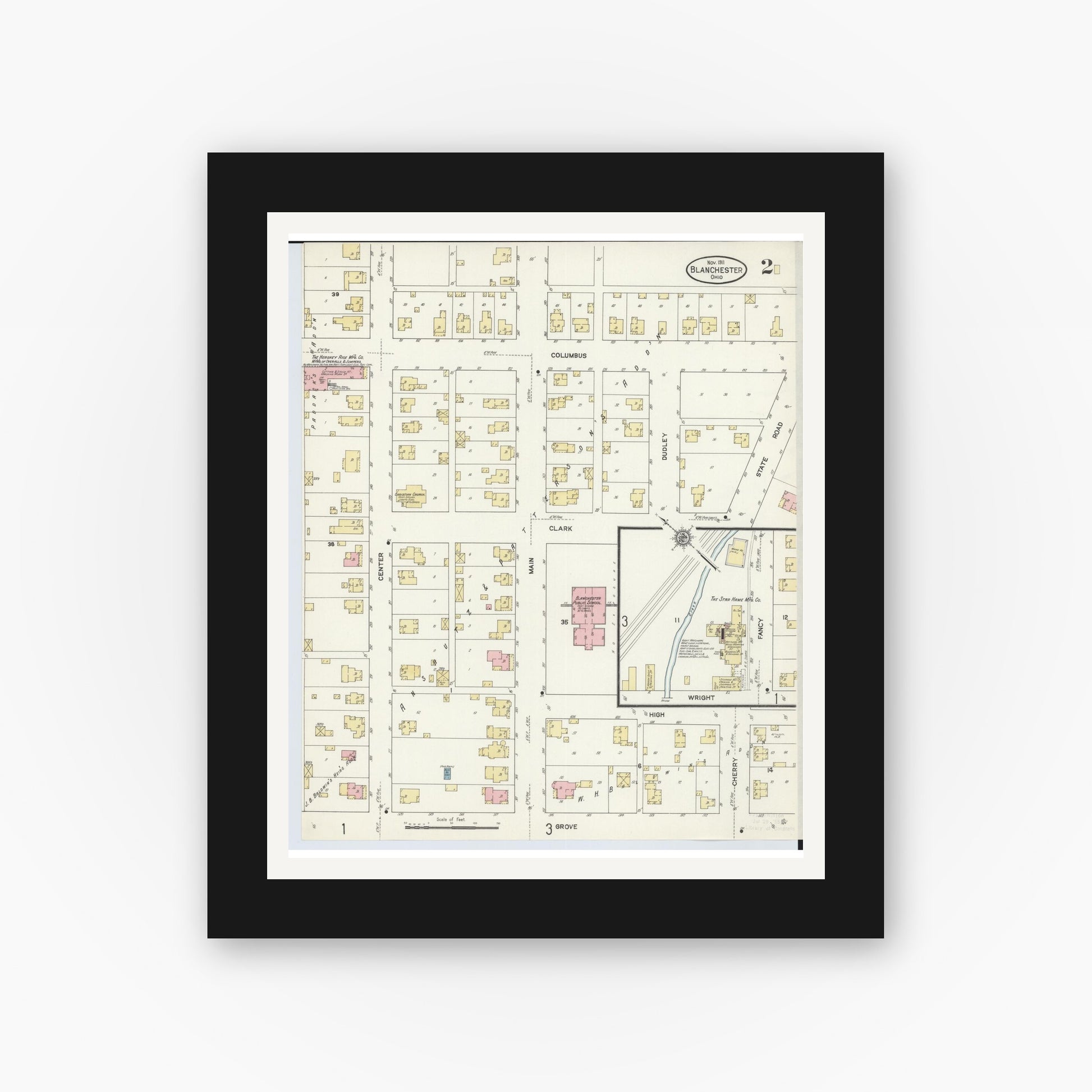 Old map wall art mockup — black gallery frame with white mat — Sanborn Fire Insurance Map from Blanchester, Clinton County, Ohio (1911), Sheet #0002