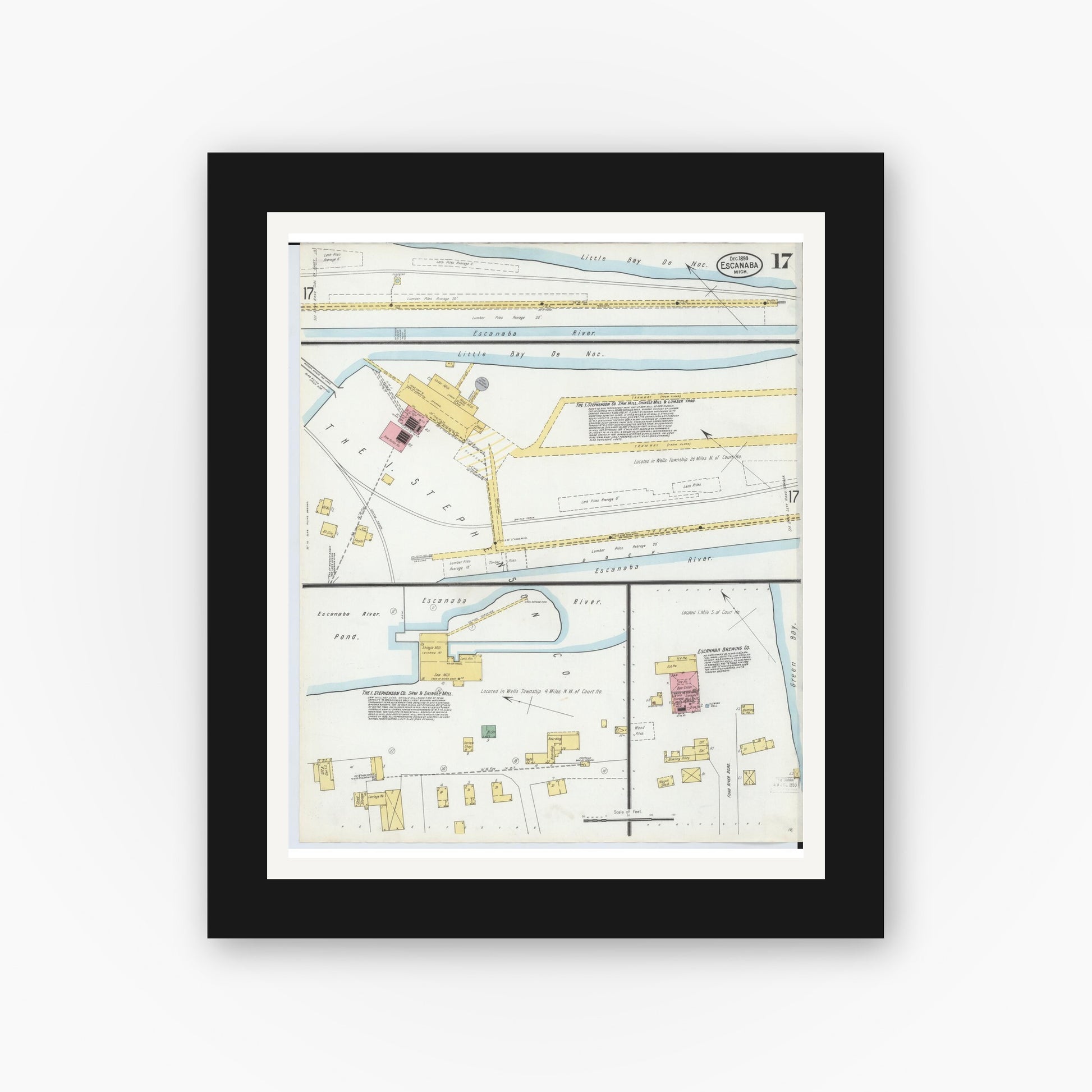 Old map wall art mockup — black gallery frame with white mat — Sanborn Fire Insurance Map from Escanaba, Delta County, Michigan (1899), Sheet #0017