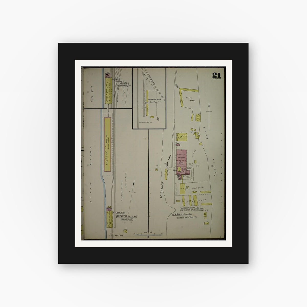 Old map wall art mockup — black gallery frame with white mat — Sanborn Fire Insurance Map from La Crosse, La Crosse County, Wisconsin (1891), Sheet #0021