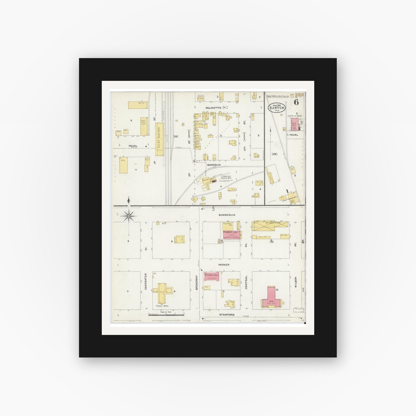Old map wall art mockup — black gallery frame with white mat — Sanborn Fire Insurance Map from Bartow, Polk County, Florida (1906), Sheet #0006