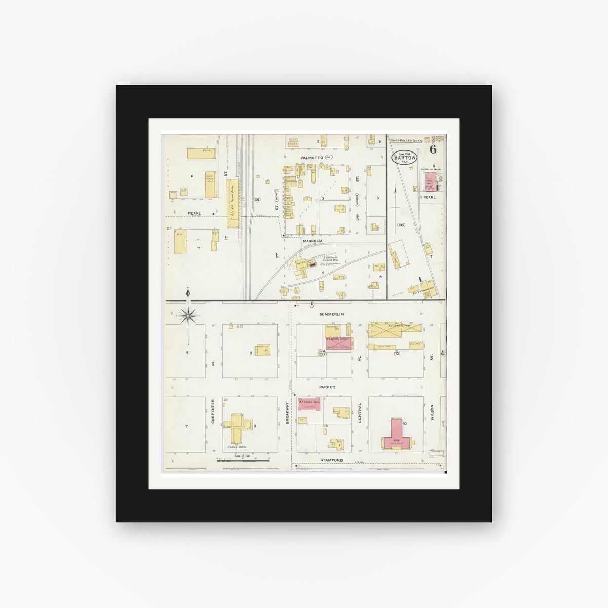 Old map wall art mockup — black gallery frame with white mat — Sanborn Fire Insurance Map from Bartow, Polk County, Florida (1906), Sheet #0006