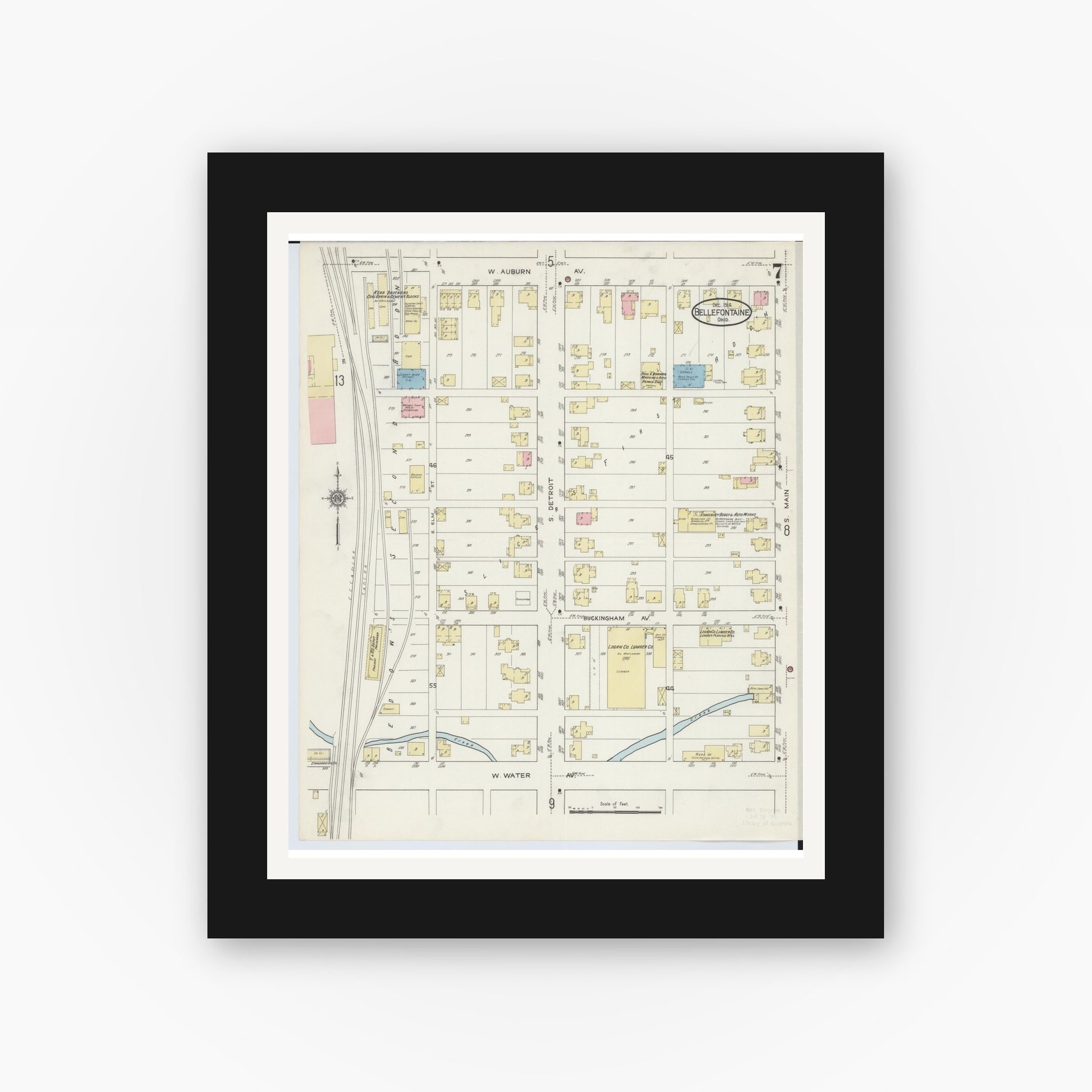 Old map wall art mockup — black gallery frame with white mat — Sanborn Fire Insurance Map from Bellefontaine, Logan County, Ohio (1914), Sheet #0007