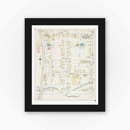 Old map wall art mockup — black gallery frame with white mat — Sanborn Fire Insurance Map from Bellefontaine, Logan County, Ohio (1914), Sheet #0007