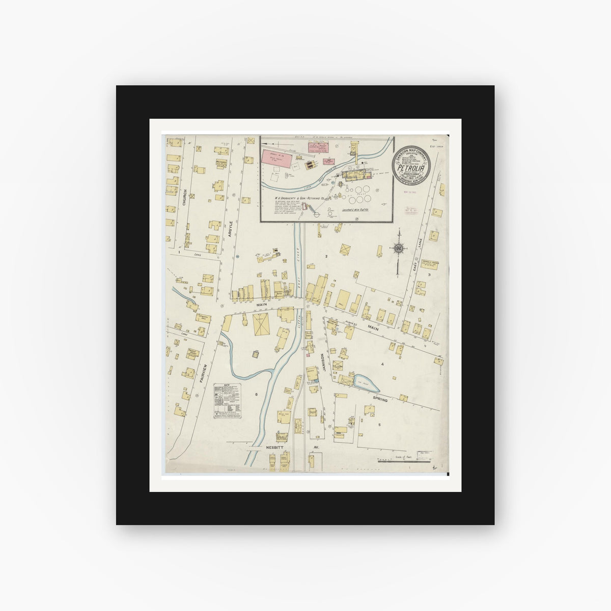 Old map wall art mockup — black gallery frame with white mat — Sanborn Fire Insurance Map from Petrola, Butler County, Pennsylvania (1910), Sheet #0001