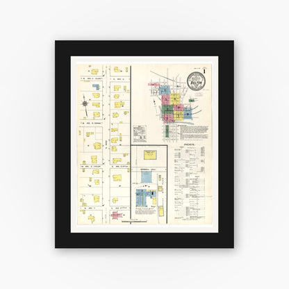 Old map wall art mockup — black gallery frame with white mat — Sanborn Fire Insurance Map from Belton, Bell County, Texas (1912), Sheet #0001