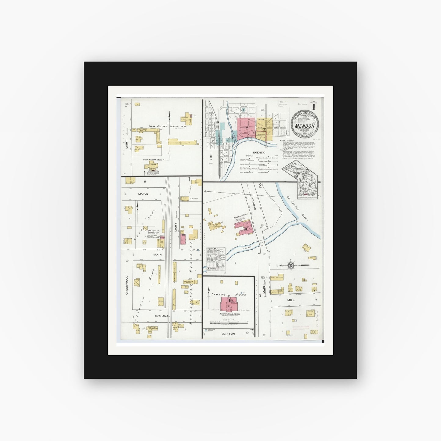 Old map wall art mockup — black gallery frame with white mat — Sanborn Fire Insurance Map from Mendon, Saint Joseph County, Michigan (1918) - Complete Map Set