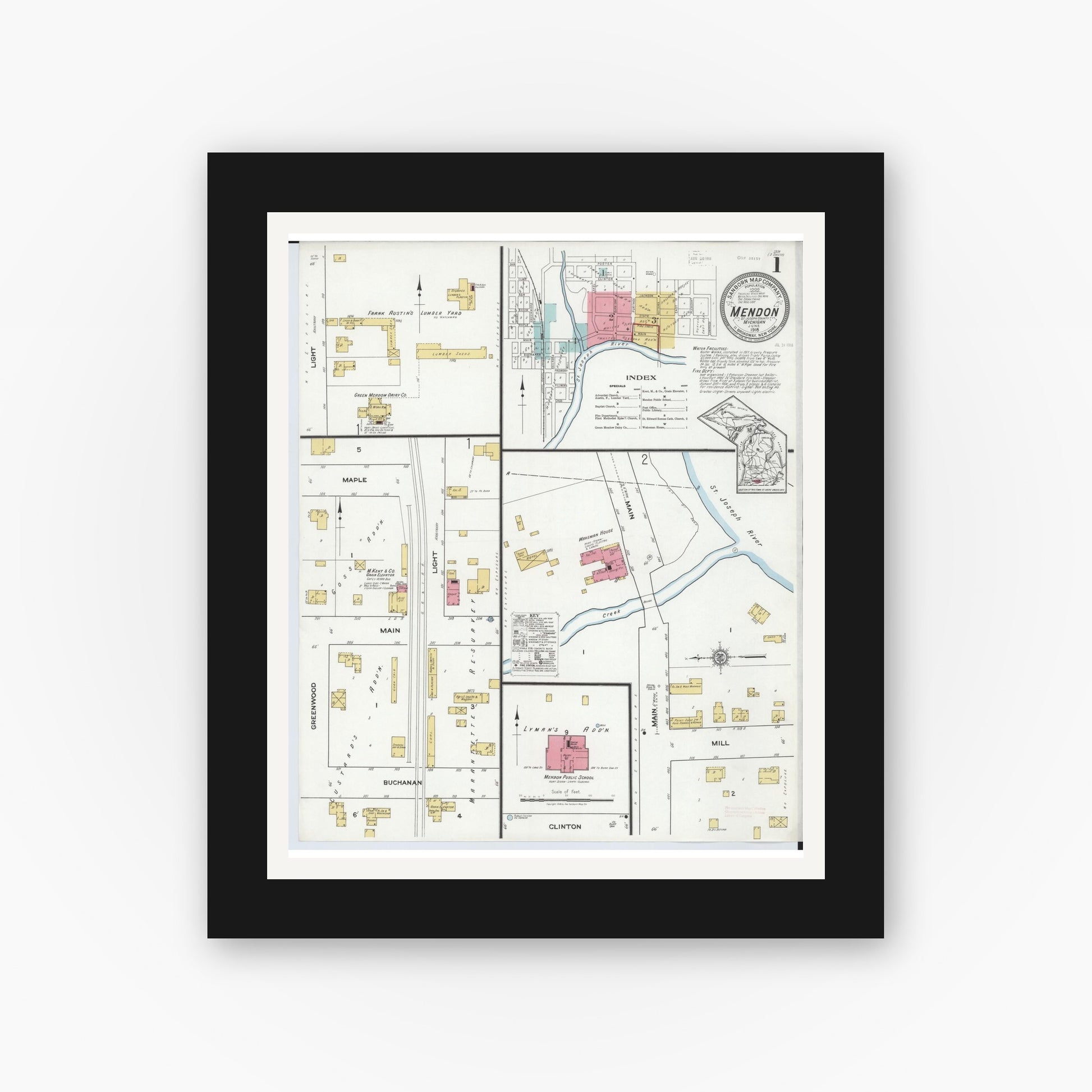 Old map wall art mockup — black gallery frame with white mat — Sanborn Fire Insurance Map from Mendon, Saint Joseph County, Michigan (1918) - Complete Map Set