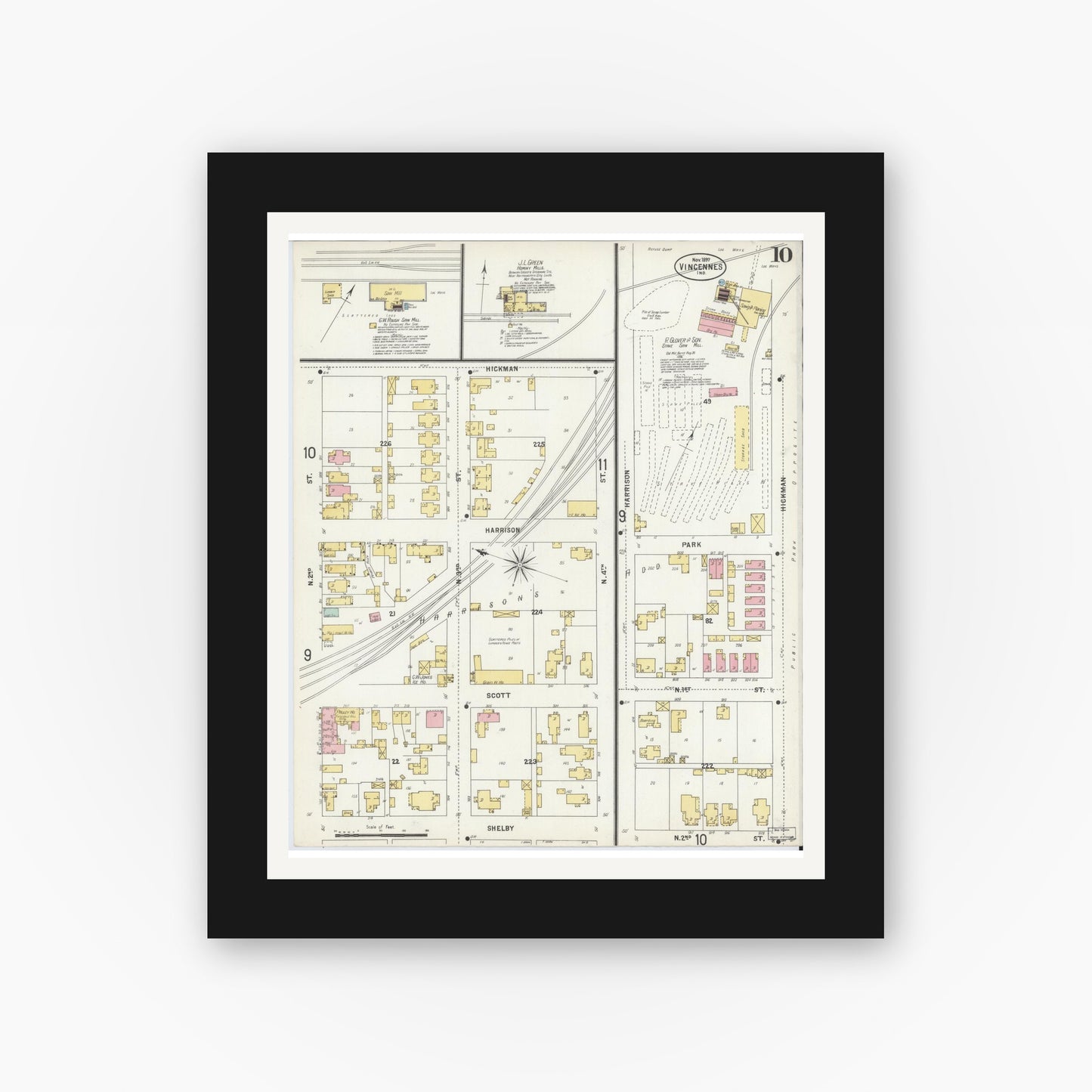 Old map wall art mockup — black gallery frame with white mat — Sanborn Fire Insurance Map from Vincennes, Knox County, Indiana (1897), Sheet #0010