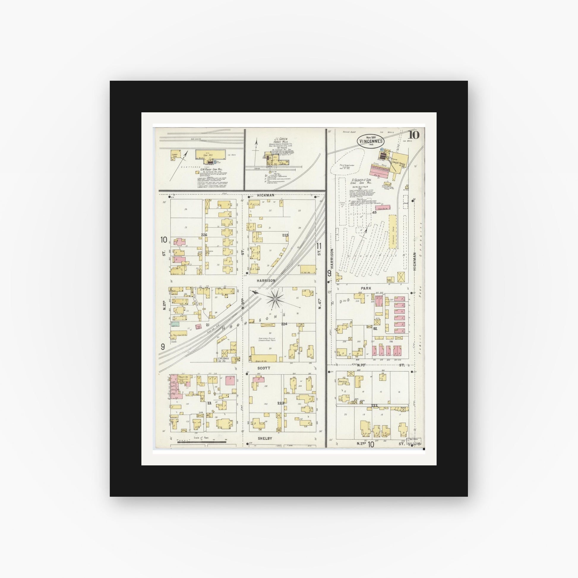 Old map wall art mockup — black gallery frame with white mat — Sanborn Fire Insurance Map from Vincennes, Knox County, Indiana (1897), Sheet #0010
