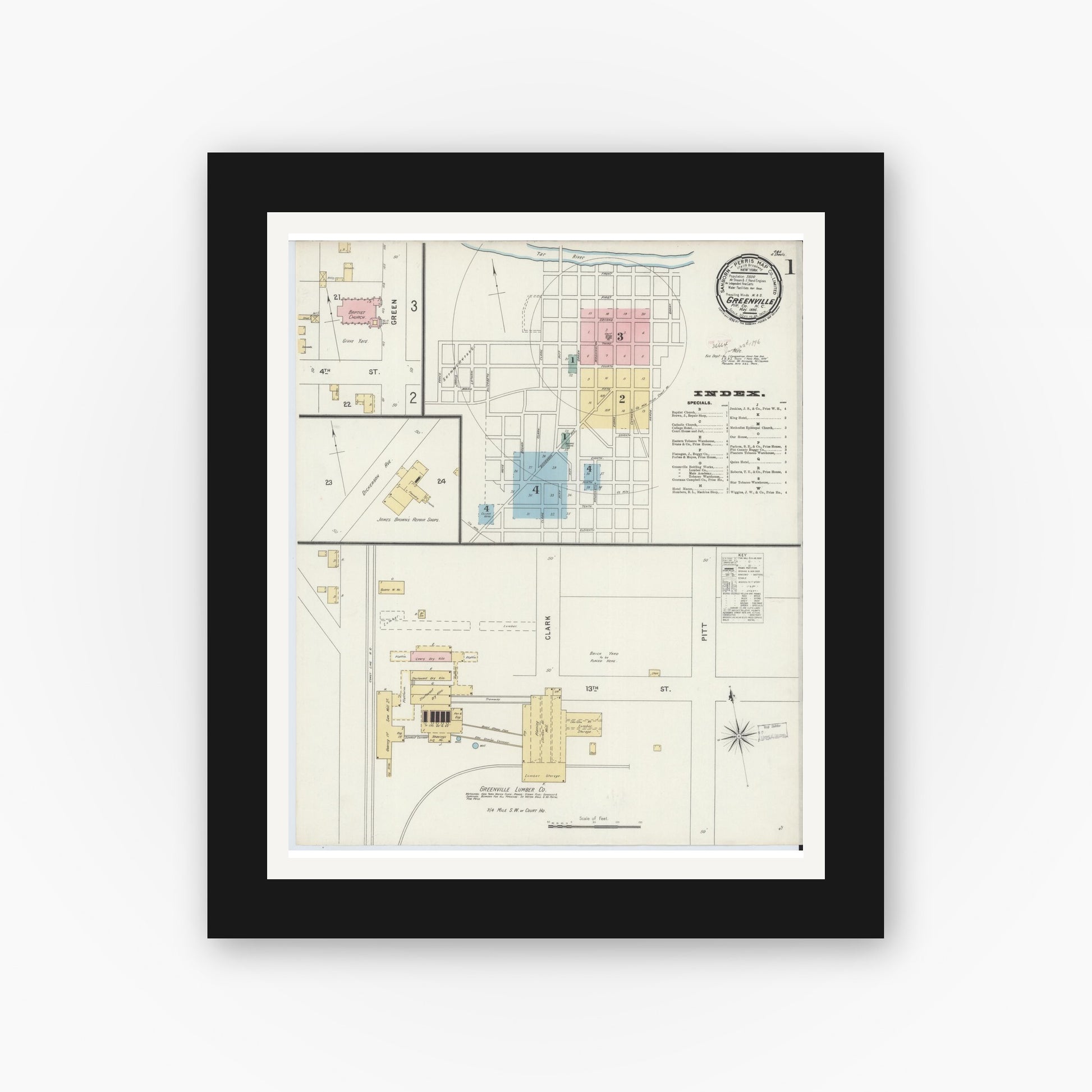 Old map wall art mockup — black gallery frame with white mat — Sanborn Fire Insurance Map from Greenville, Pitt County, North Carolina (1896) - Complete Map Set