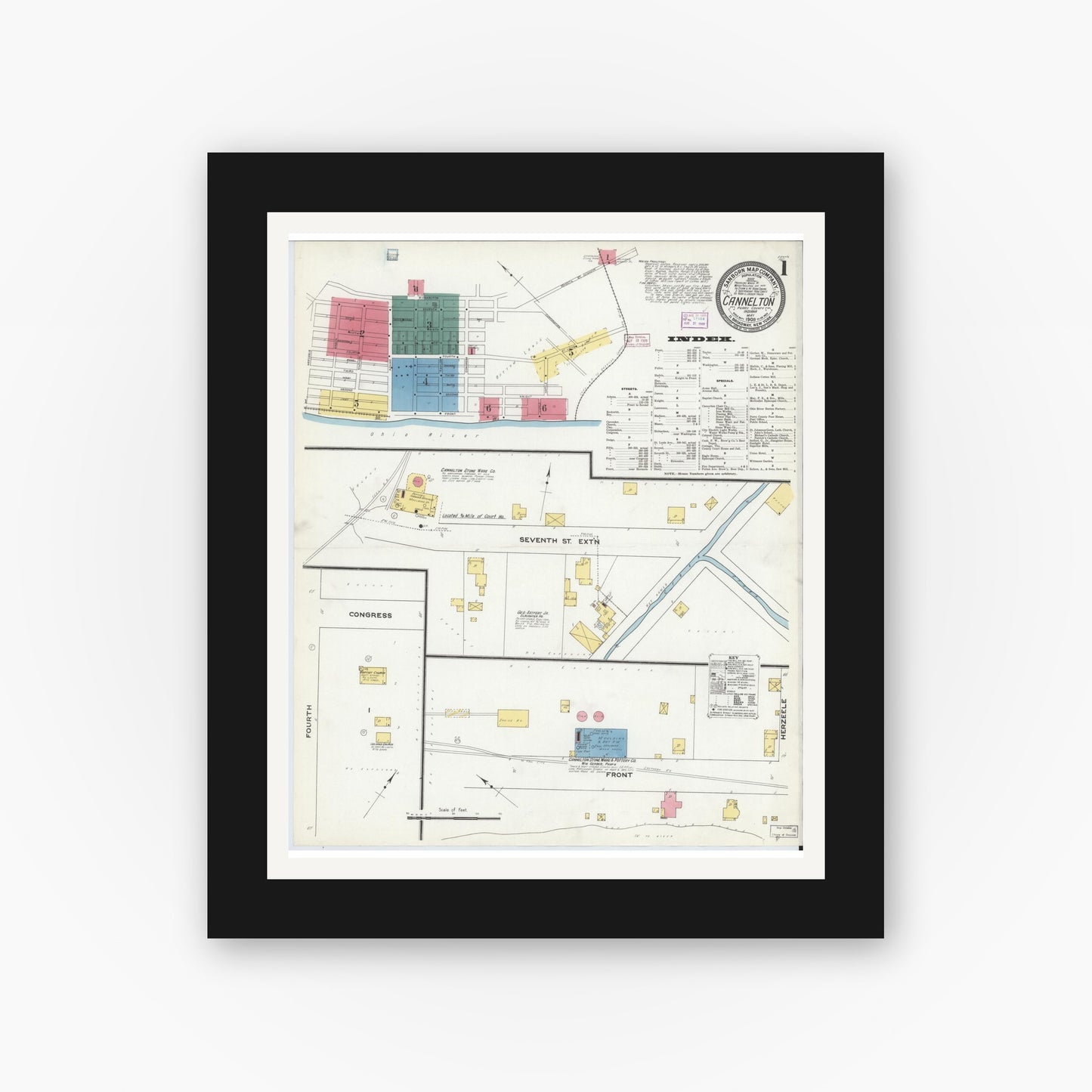 Old map wall art mockup — black gallery frame with white mat — Sanborn Fire Insurance Map from Cannelton, Perry County, Indiana (1909), Sheet #0001