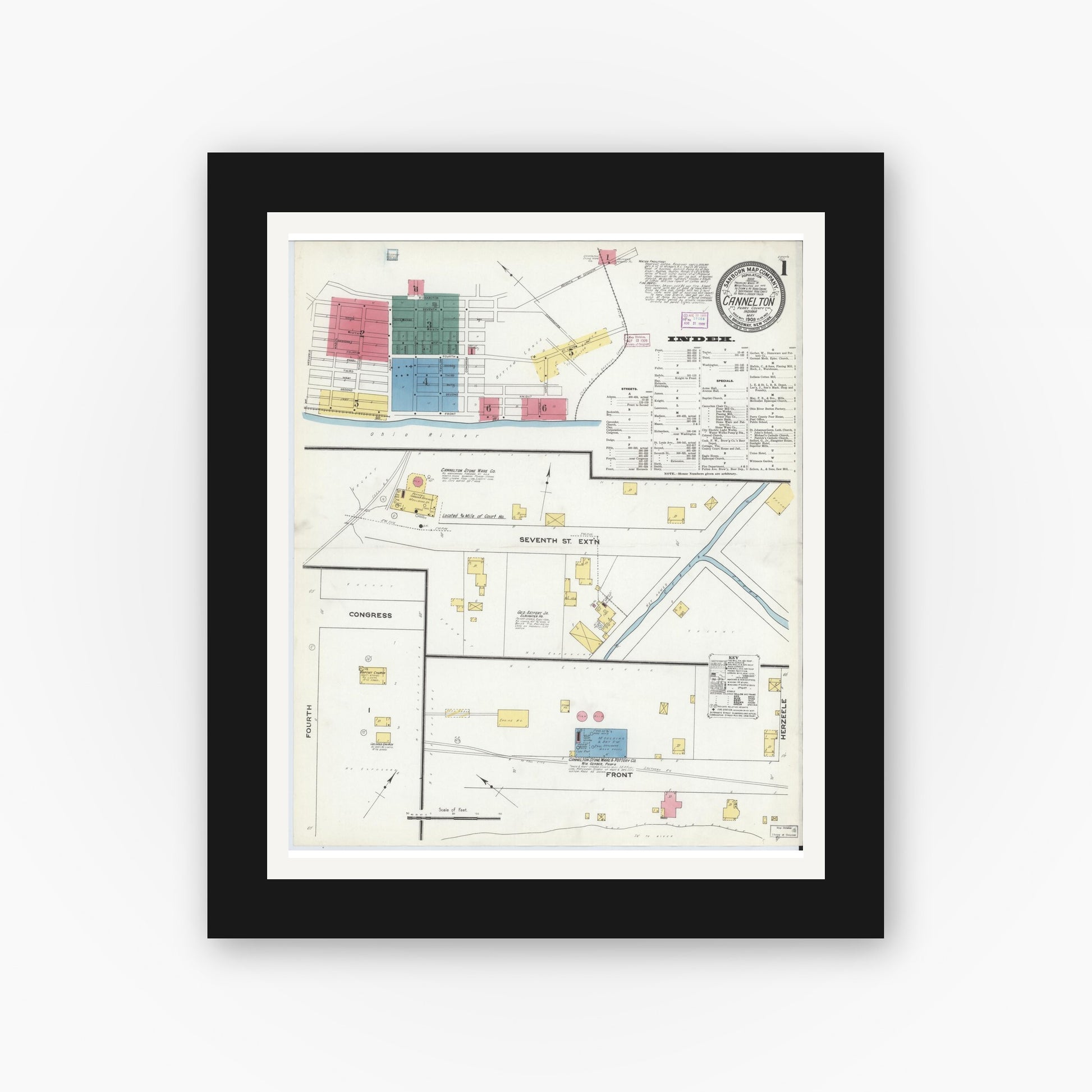 Old map wall art mockup — black gallery frame with white mat — Sanborn Fire Insurance Map from Cannelton, Perry County, Indiana (1909), Sheet #0001