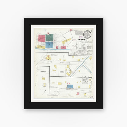 Old map wall art mockup — black gallery frame with white mat — Sanborn Fire Insurance Map from Cannelton, Perry County, Indiana (1909), Sheet #0001