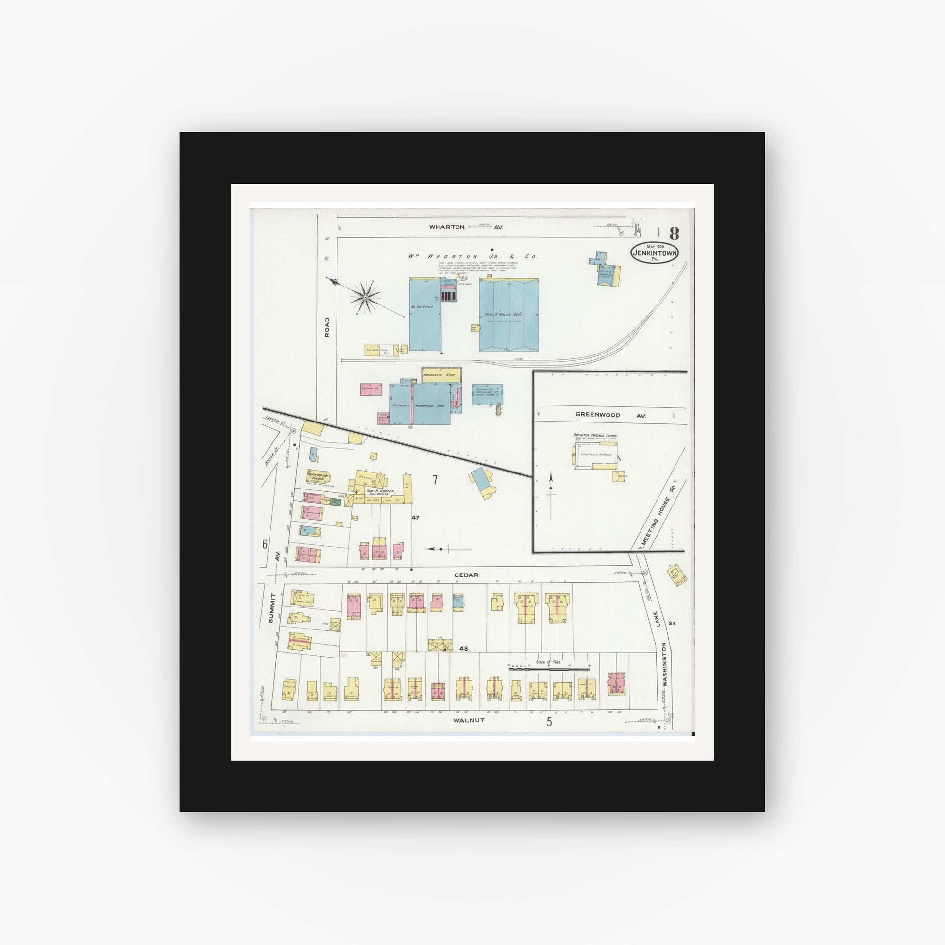 Old map wall art mockup — black gallery frame with white mat — Sanborn Fire Insurance Map from Jenkintown, Montgomery County, Pennsylvania (1909), Sheet #0008