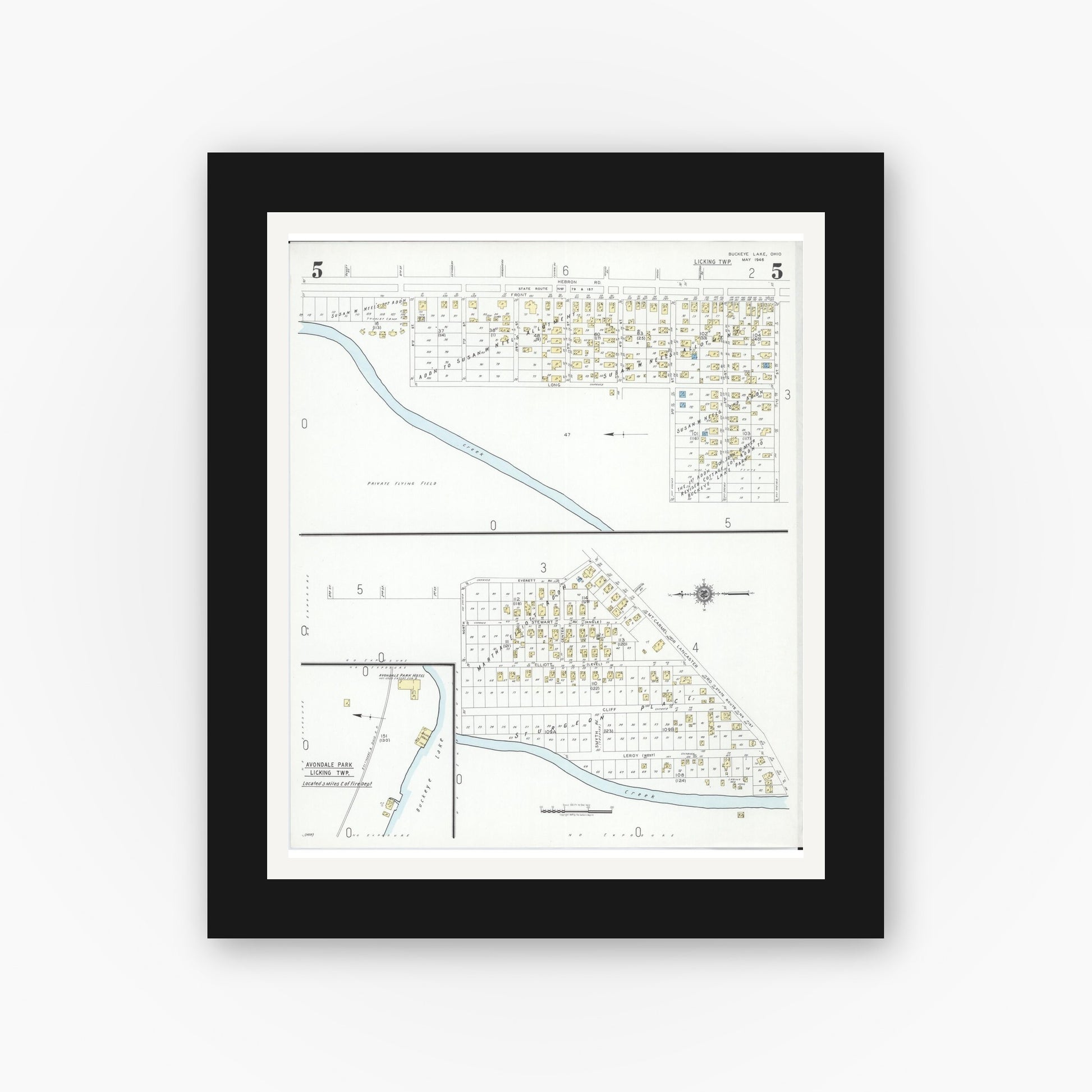 Old map wall art mockup — black gallery frame with white mat — Sanborn Fire Insurance Map from Buckeye Lake, Licking County, Ohio (1946), Sheet #0005
