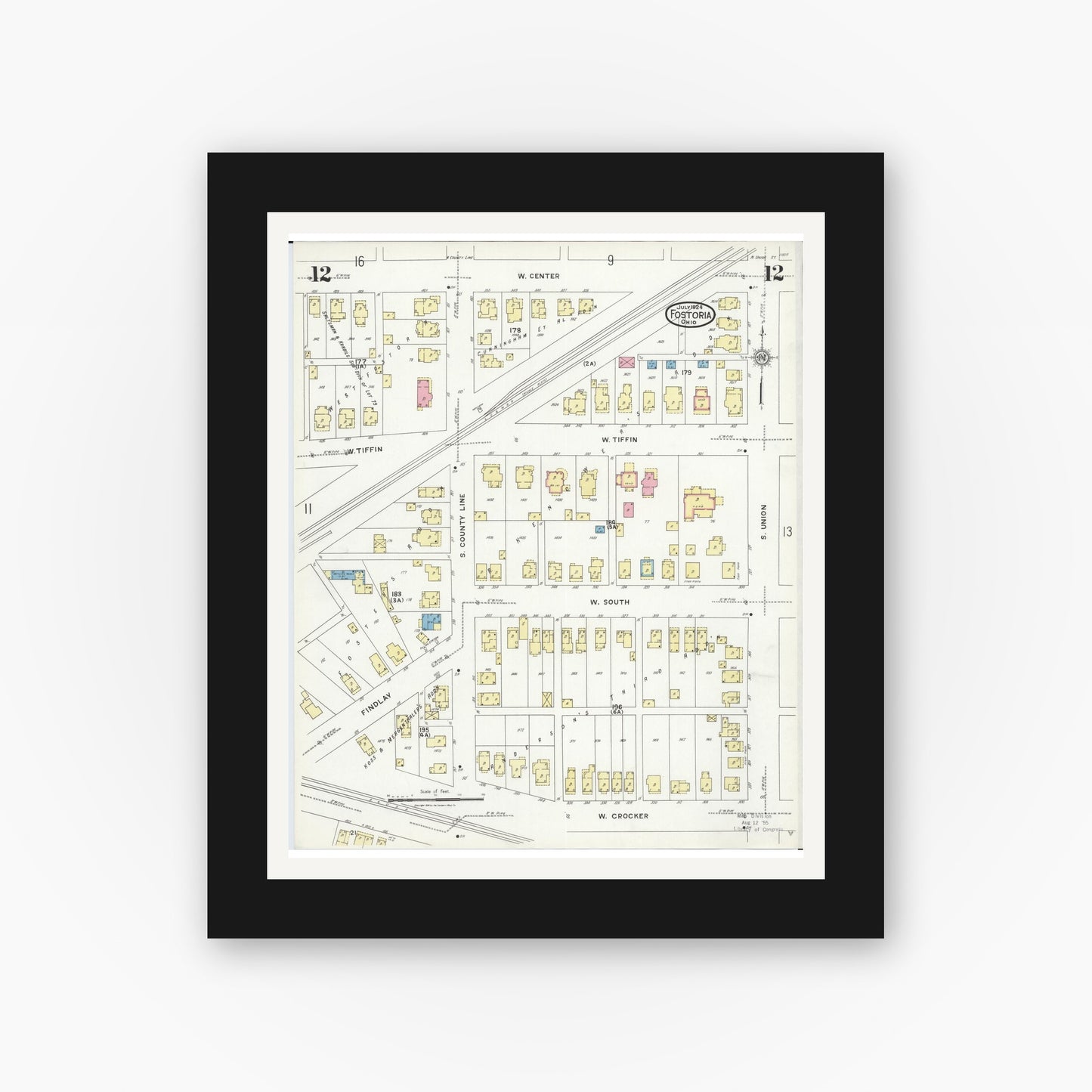 Old map wall art mockup — black gallery frame with white mat — Sanborn Fire Insurance Map from Fostoria, Seneca, Hancock, And Wood Counties, Ohio (1924), Sheet #0012