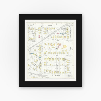 Old map wall art mockup — black gallery frame with white mat — Sanborn Fire Insurance Map from Fostoria, Seneca, Hancock, And Wood Counties, Ohio (1924), Sheet #0012
