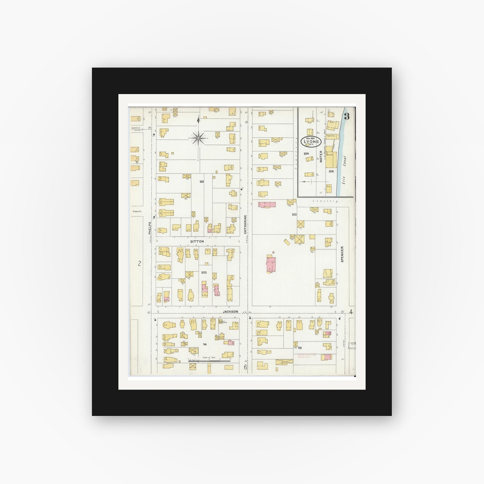 Old map wall art mockup — black gallery frame with white mat — Sanborn Fire Insurance Map from Lyons, Wayne County, New York (1904), Sheet #0003