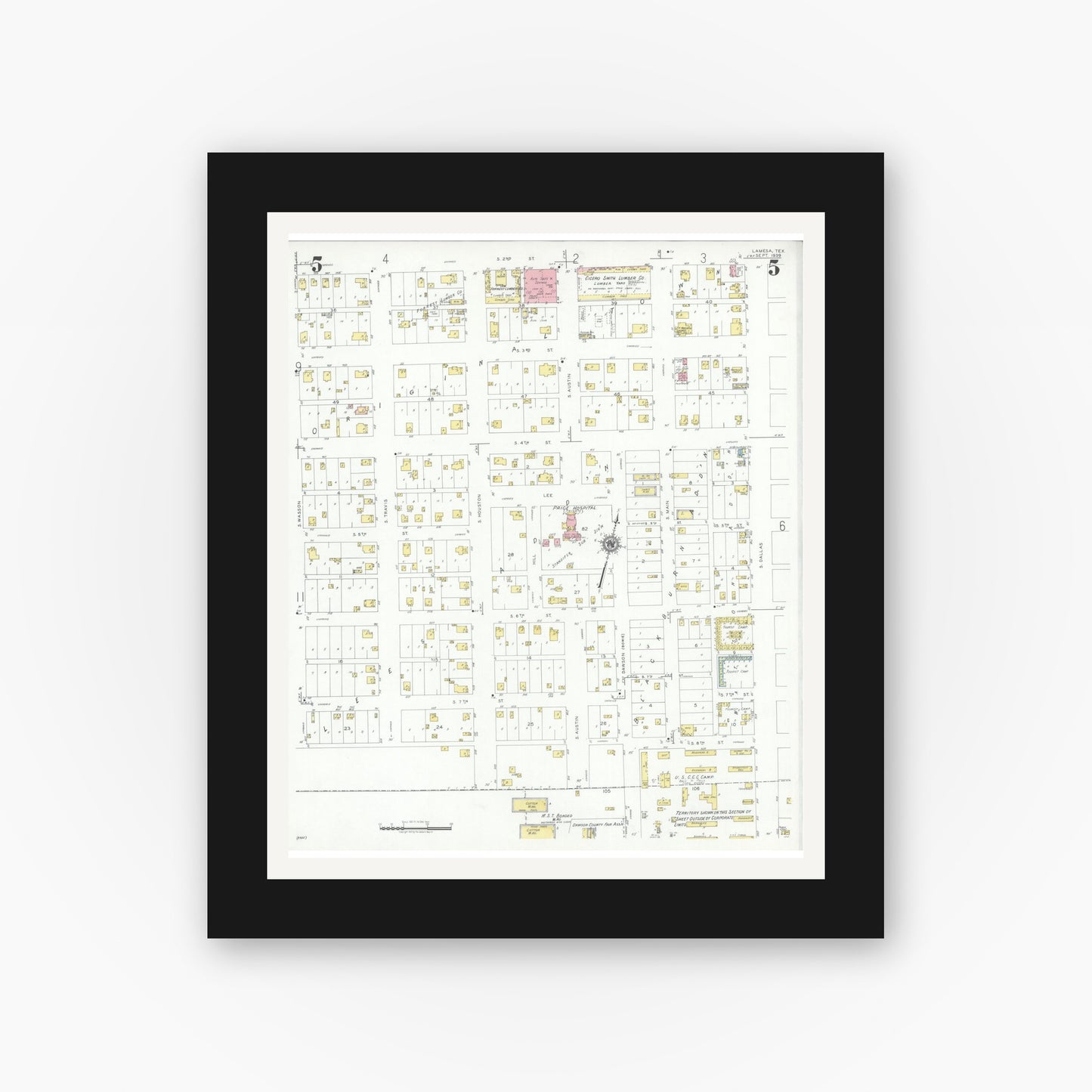 Old map wall art mockup — black gallery frame with white mat — Sanborn Fire Insurance Map from Lamesa, Dawson County, Texas (1939), Sheet #0005
