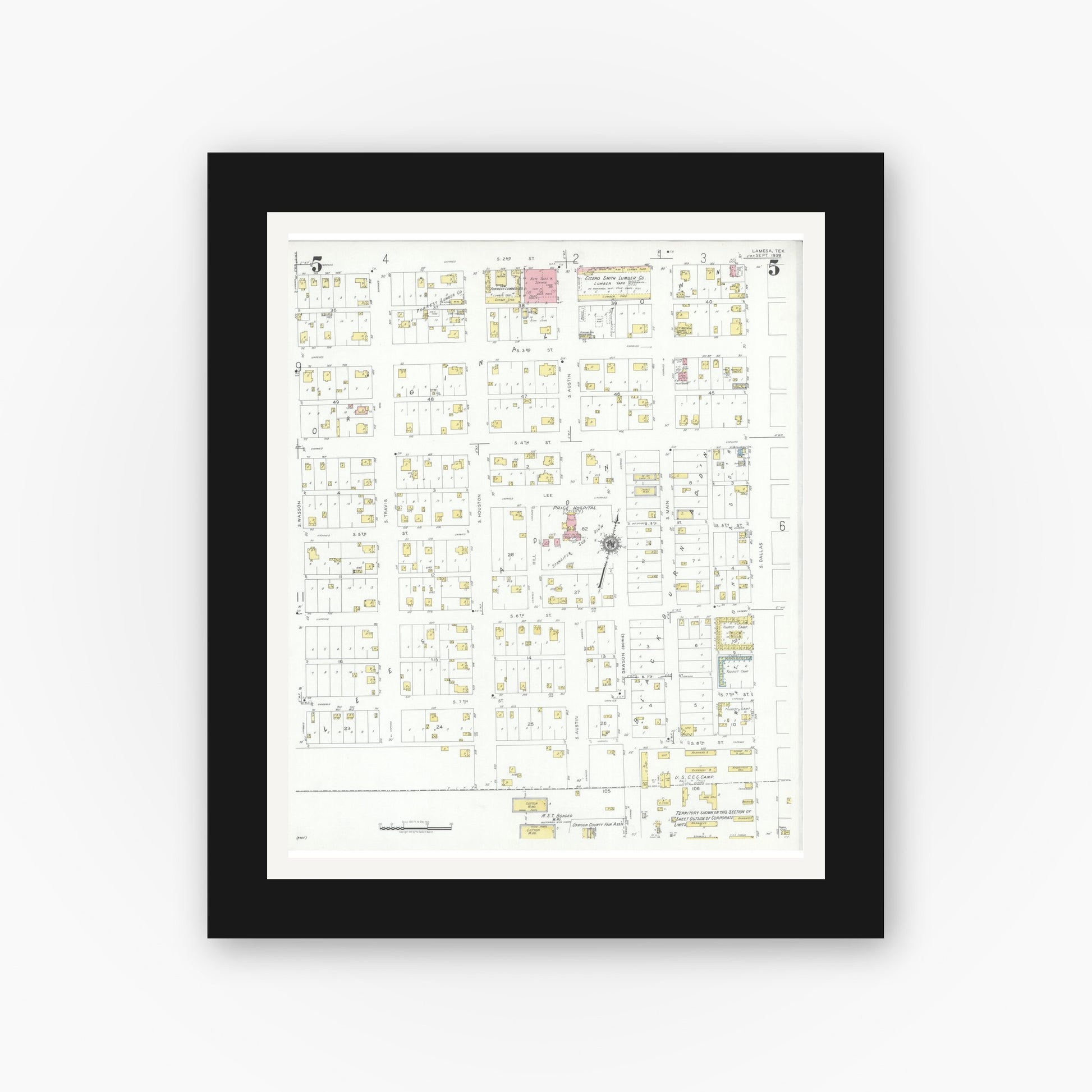 Old map wall art mockup — black gallery frame with white mat — Sanborn Fire Insurance Map from Lamesa, Dawson County, Texas (1939), Sheet #0005
