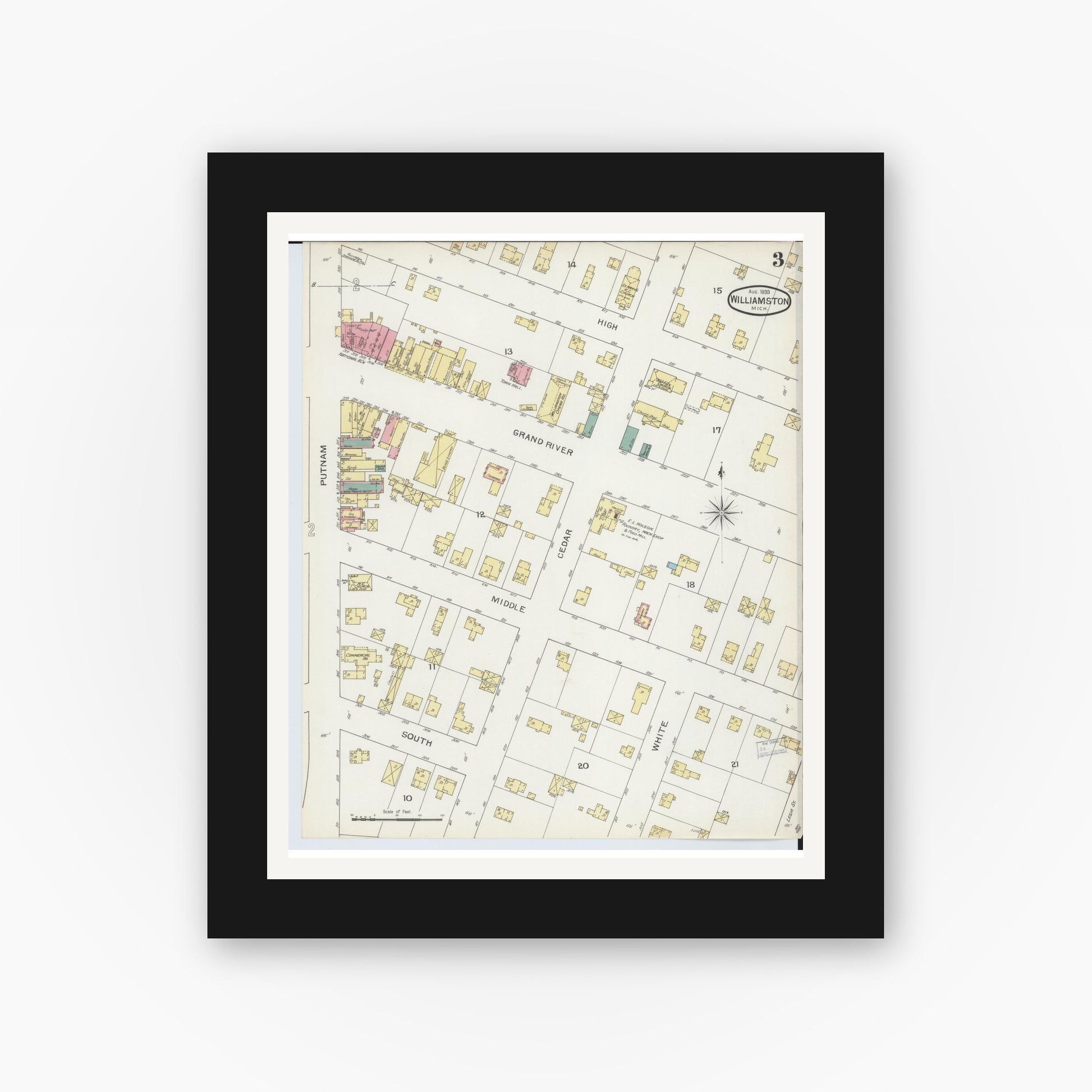 Old map wall art mockup — black gallery frame with white mat — Sanborn Fire Insurance Map from Williamston, Ingham County, Michigan (1893), Sheet #0003