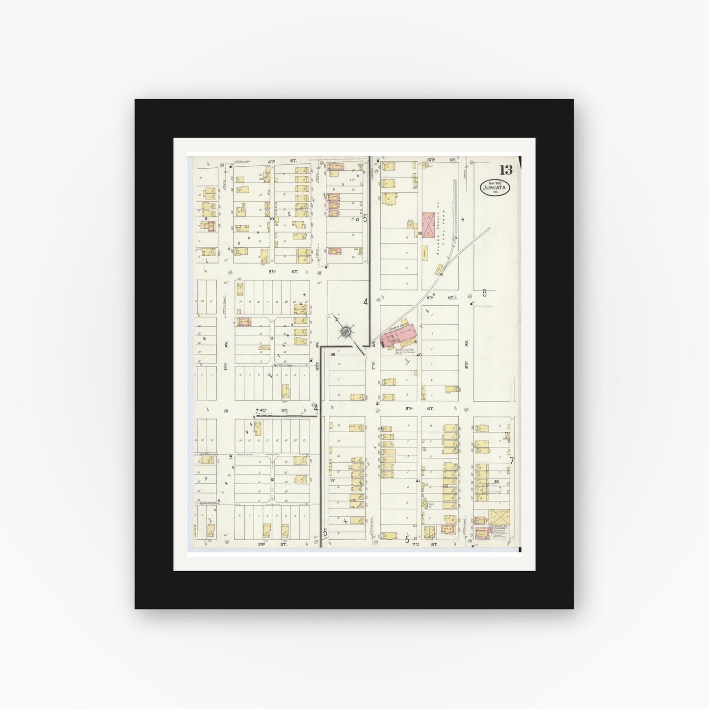 Old map wall art mockup — black gallery frame with white mat — Sanborn Fire Insurance Map from Juniata, Blair County, Pennsylvania (1910), Sheet #0013