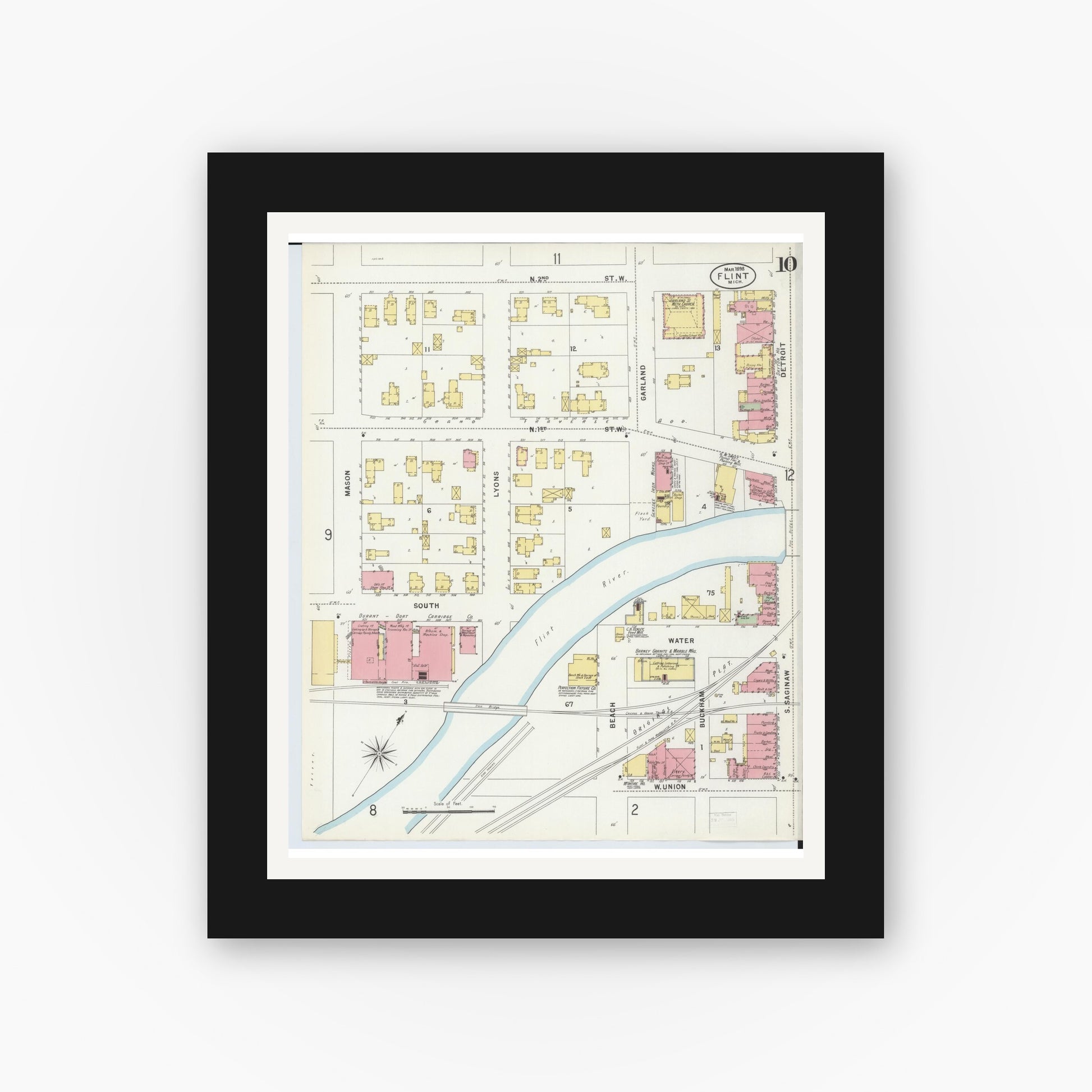 Old map wall art mockup — black gallery frame with white mat — Sanborn Fire Insurance Map from Flint, Genesee County, Michigan (1898), Sheet #0010