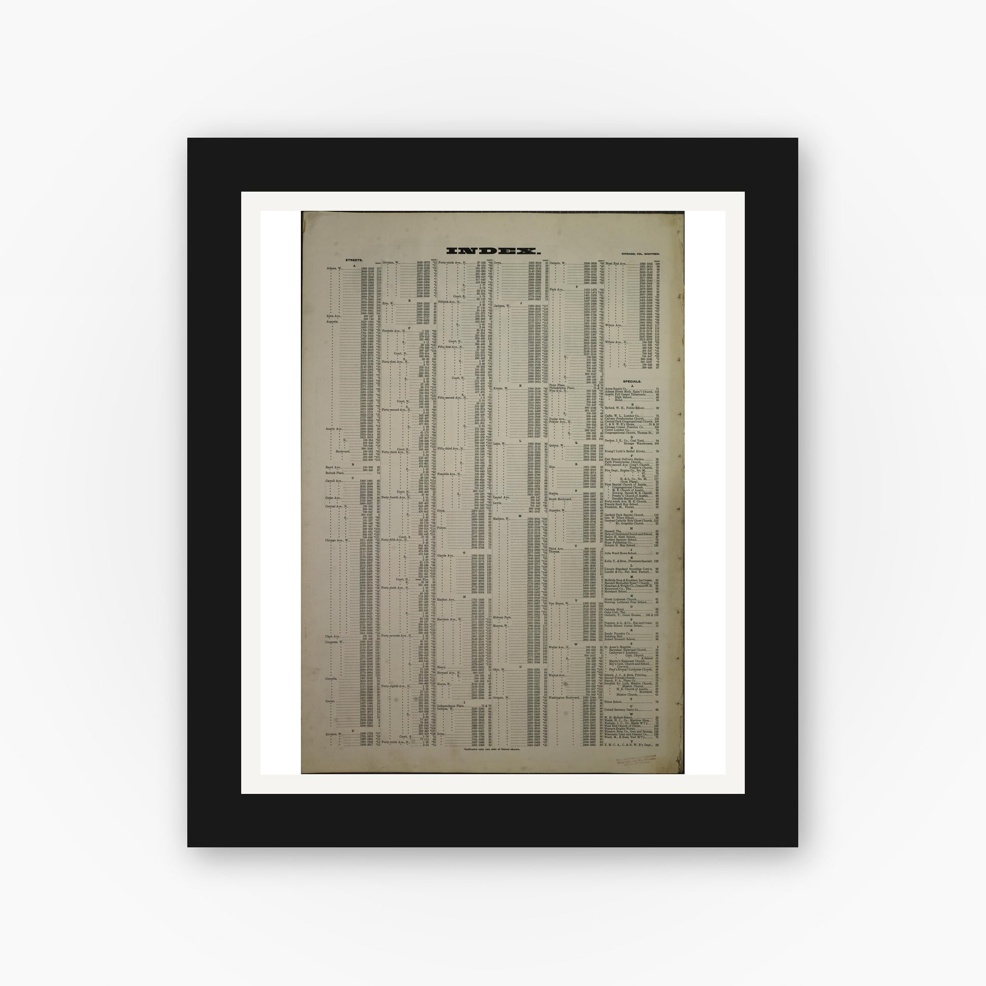 Old map wall art mockup — black gallery frame with white mat — Sanborn Fire Insurance Map from Chicago, Cook County, Illinois (1908), Sheet #0001