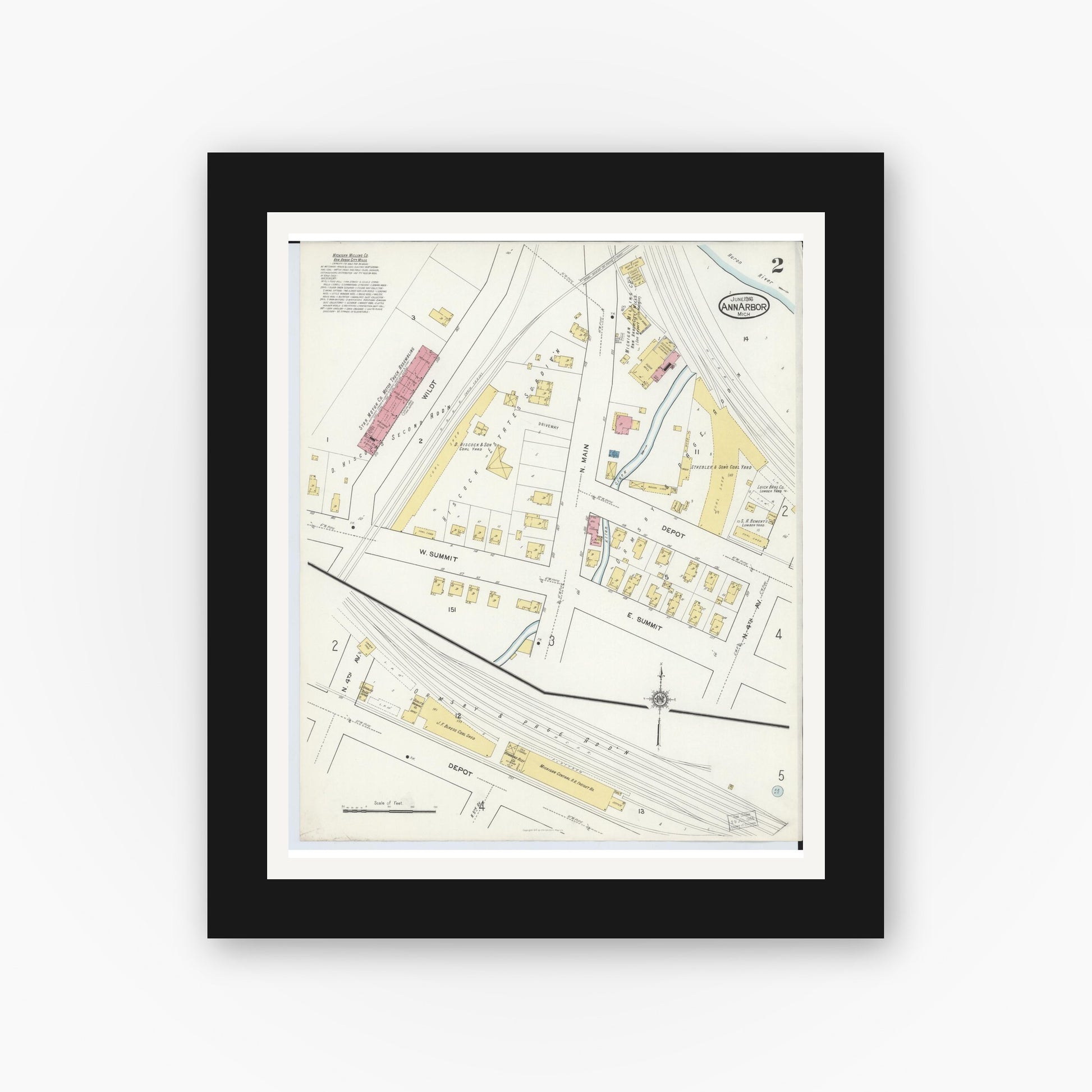 Old map wall art mockup — black gallery frame with white mat — Sanborn Fire Insurance Map from Ann Arbor, Washtenaw County, Michigan (1916), Sheet #0002