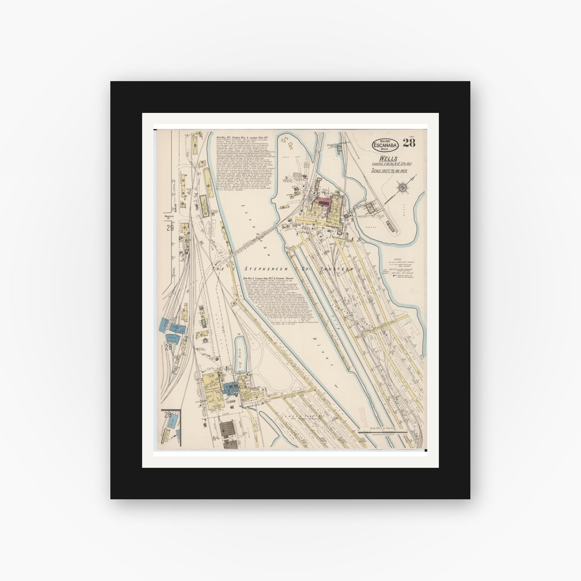 Old map wall art mockup — black gallery frame with white mat — Sanborn Fire Insurance Map from Escanaba, Delta County, Michigan (1921), Sheet #0028