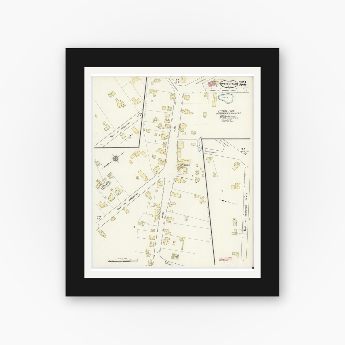 Old map wall art mockup — black gallery frame with white mat — Sanborn Fire Insurance Map from Waterford, Saratoga County, New York (1914), Sheet #0022