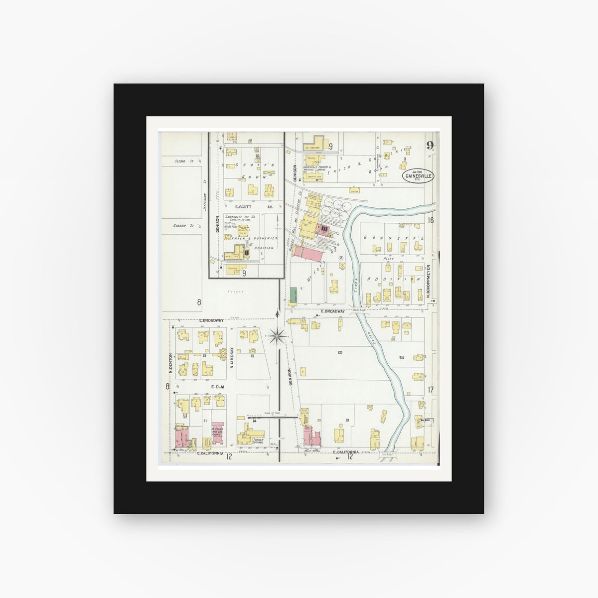 Old map wall art mockup — black gallery frame with white mat — Sanborn Fire Insurance Map from Gainesville, Cooke County, Texas (1902), Sheet #0009