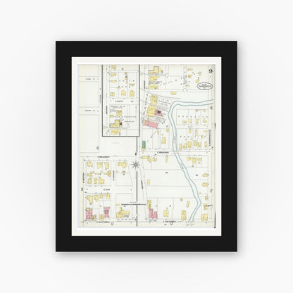 Old map wall art mockup — black gallery frame with white mat — Sanborn Fire Insurance Map from Gainesville, Cooke County, Texas (1902), Sheet #0009