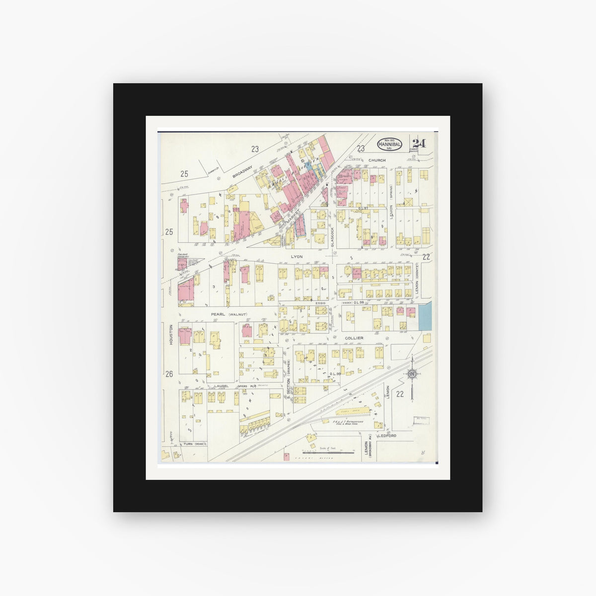 Old map wall art mockup — black gallery frame with white mat — Sanborn Fire Insurance Map from Hannibal, Marion County, Missouri (1913), Sheet #0024