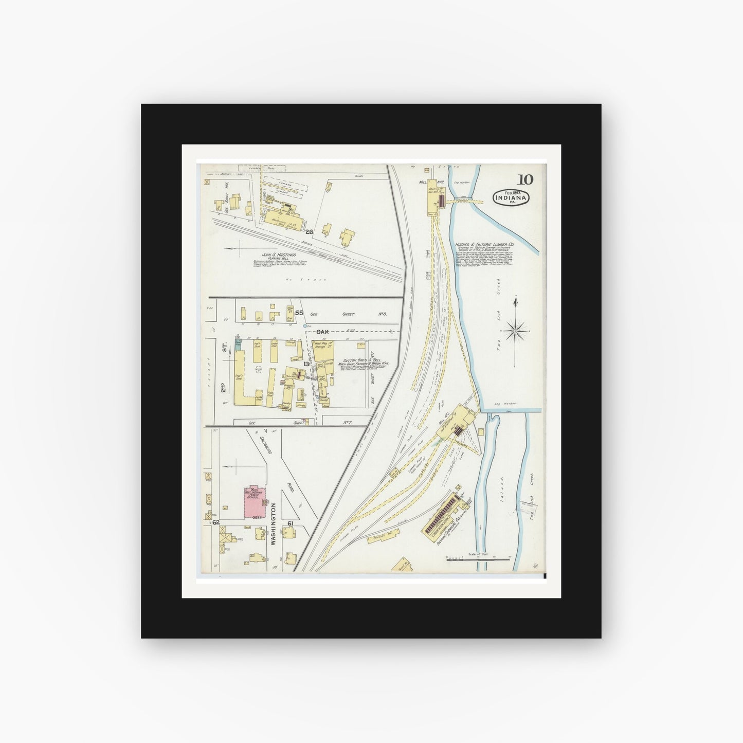 Old map wall art mockup — black gallery frame with white mat — Sanborn Fire Insurance Map from Indiana, Indiana County, Pennsylvania (1892), Sheet #0010