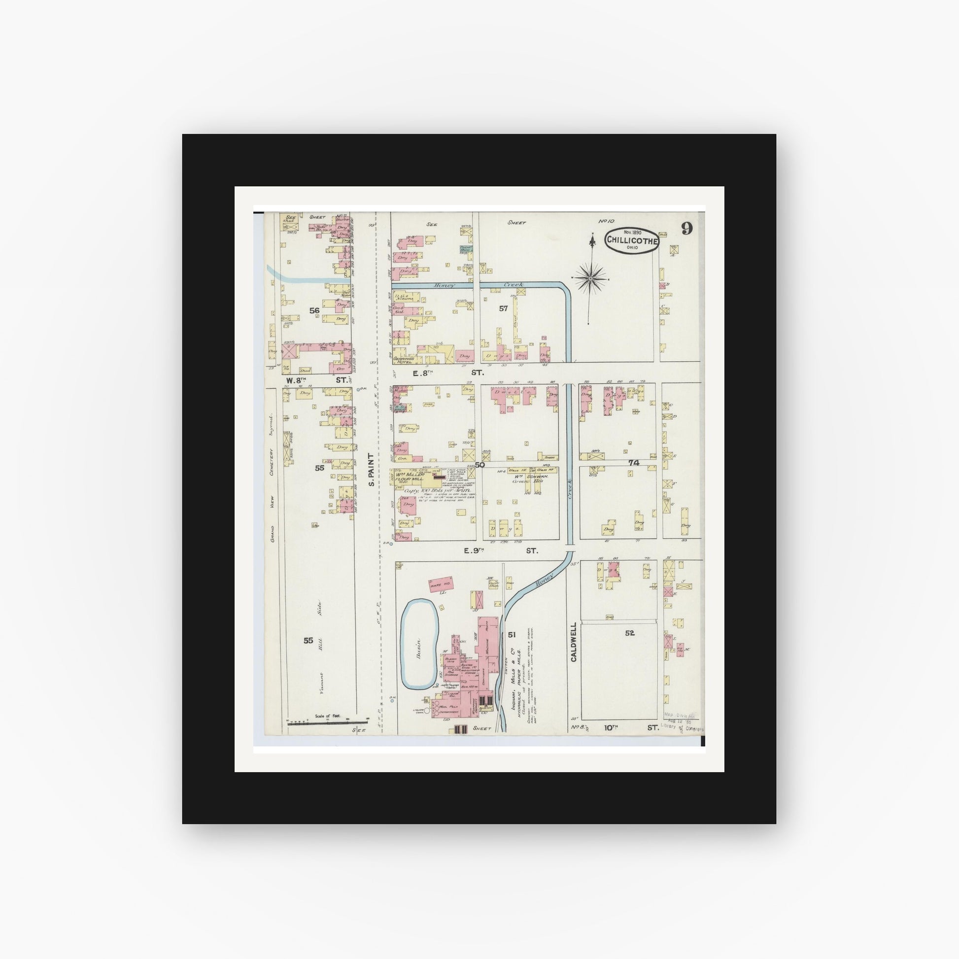 Old map wall art mockup — black gallery frame with white mat — Sanborn Fire Insurance Map from Chillicothe, Ross County, Ohio (1890), Sheet #0009