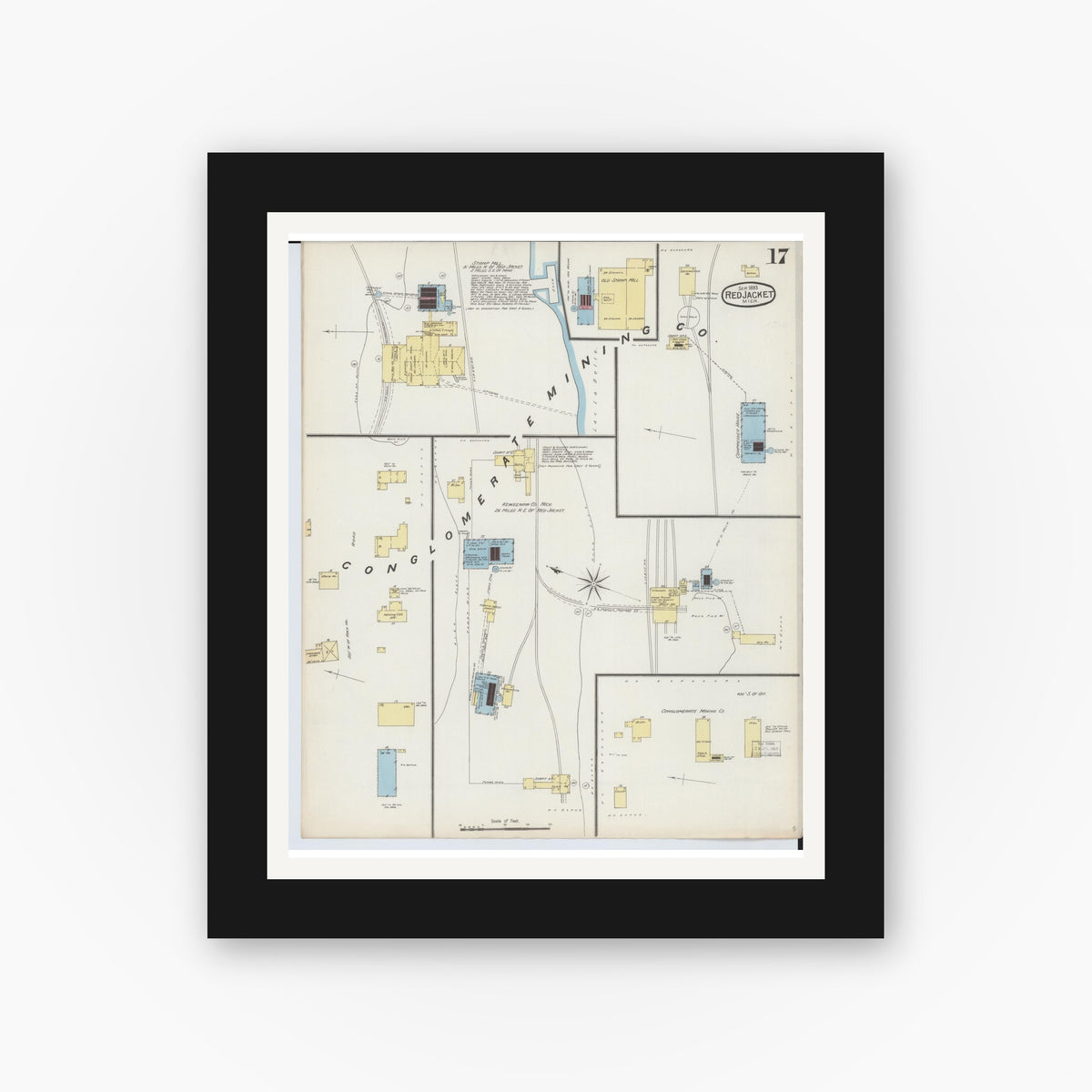 Old map wall art mockup — black gallery frame with white mat — Sanborn Fire Insurance Map from Red Jacket, Houghton County, Michigan (1893), Sheet #0017