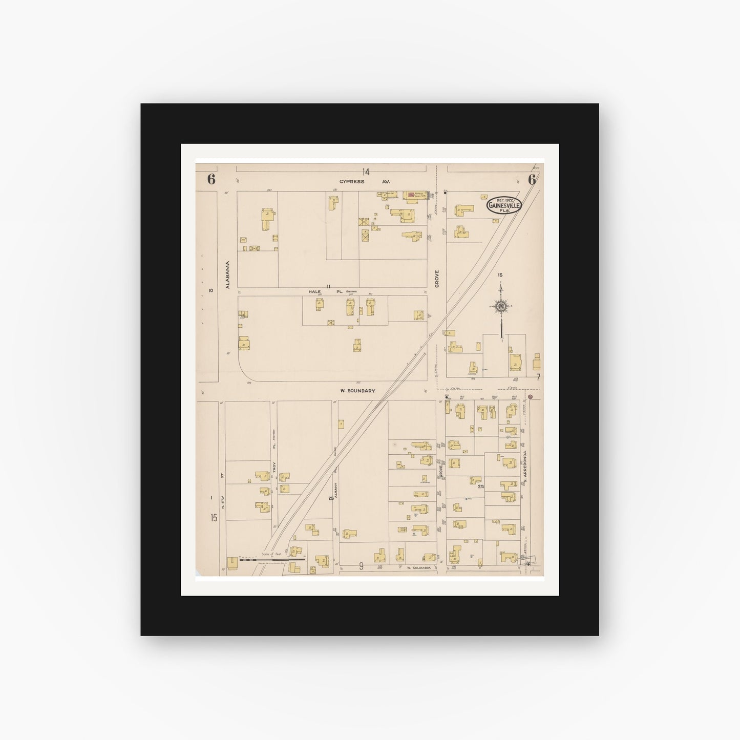 Old map wall art mockup — black gallery frame with white mat — Sanborn Fire Insurance Map from Gainesville, Alachua County, Florida (1922), Sheet #0006