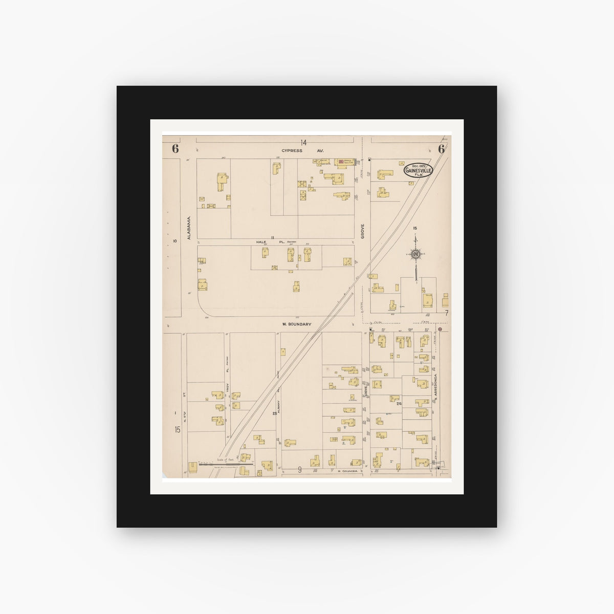 Old map wall art mockup — black gallery frame with white mat — Sanborn Fire Insurance Map from Gainesville, Alachua County, Florida (1922), Sheet #0006