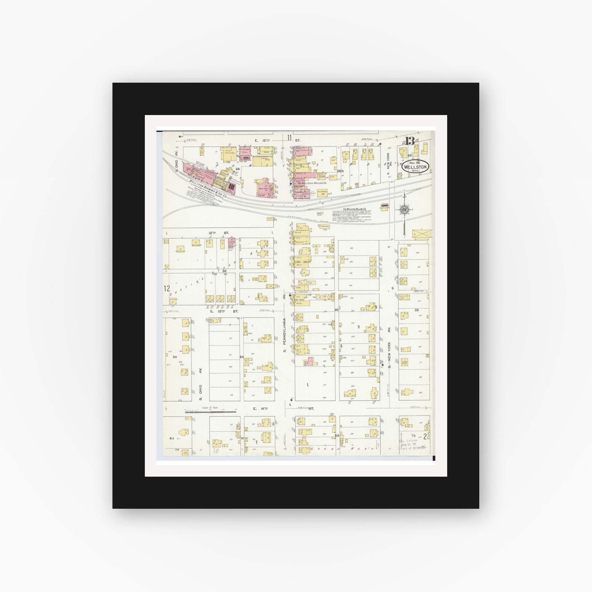 Old map wall art mockup — black gallery frame with white mat — Sanborn Fire Insurance Map from Wellston, Jackson County, Ohio (1911), Sheet #0013
