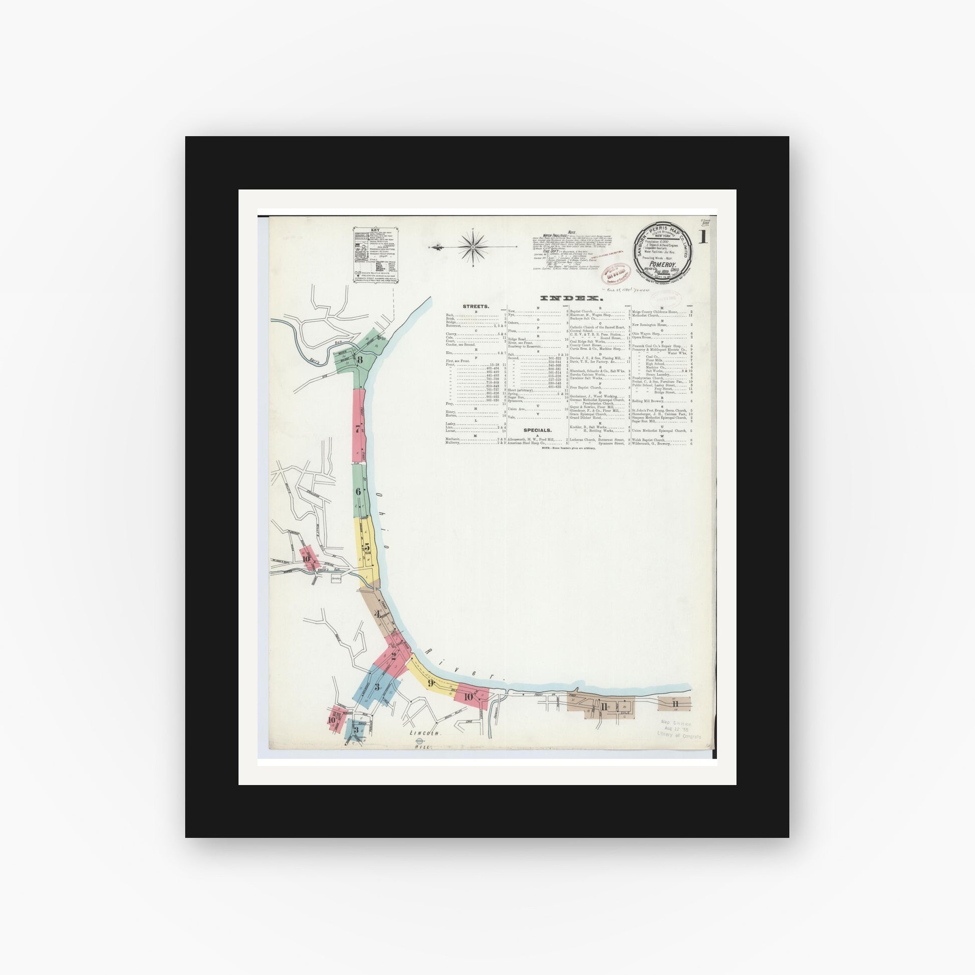 Old map wall art mockup — black gallery frame with white mat — Sanborn Fire Insurance Map from Pomeroy, Meigs County, Ohio (1899) - Complete Map Set