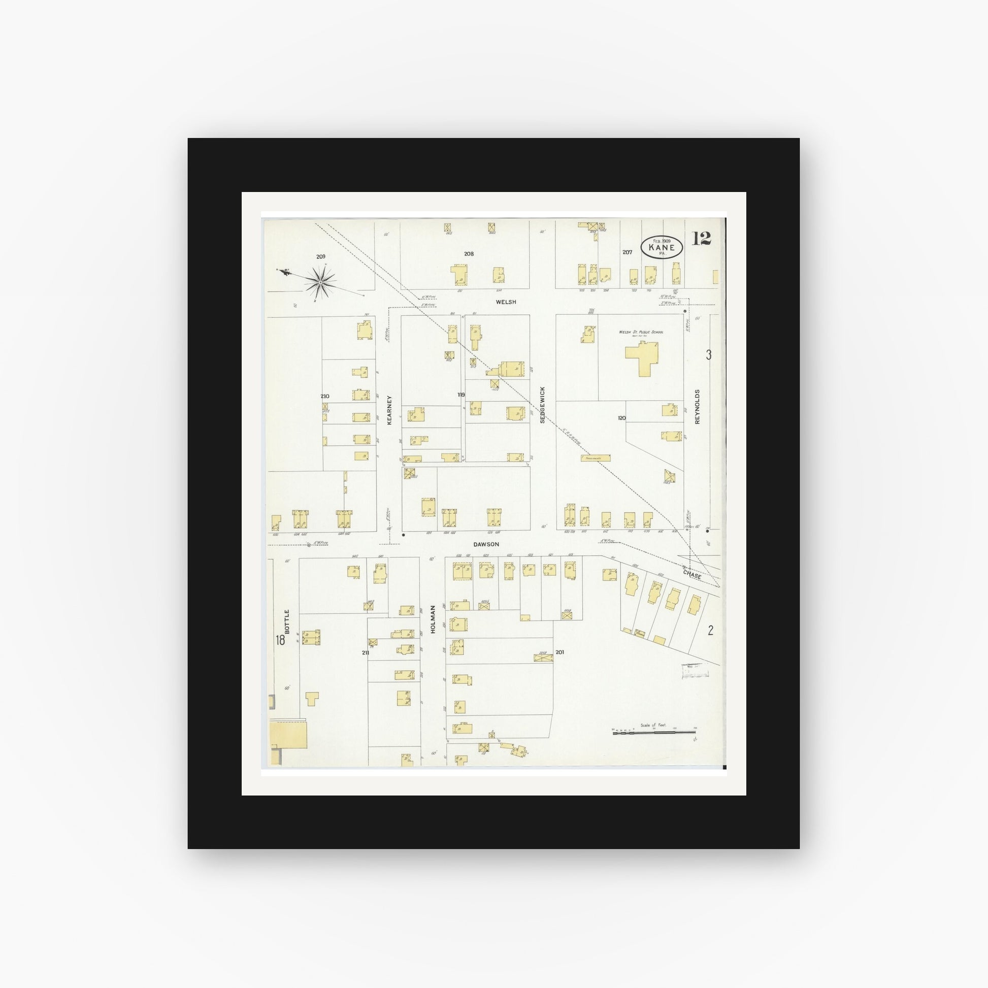 Old map wall art mockup — black gallery frame with white mat — Sanborn Fire Insurance Map from Kane, McKean County, Pennsylvania (1909), Sheet #0012