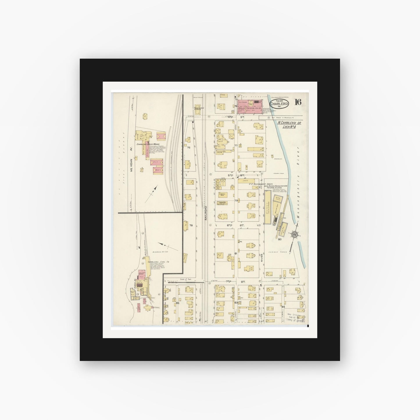 Old map wall art mockup — black gallery frame with white mat — Sanborn Fire Insurance Map from Charleroi, Washington County, Pennsylvania (1913), Sheet #0016