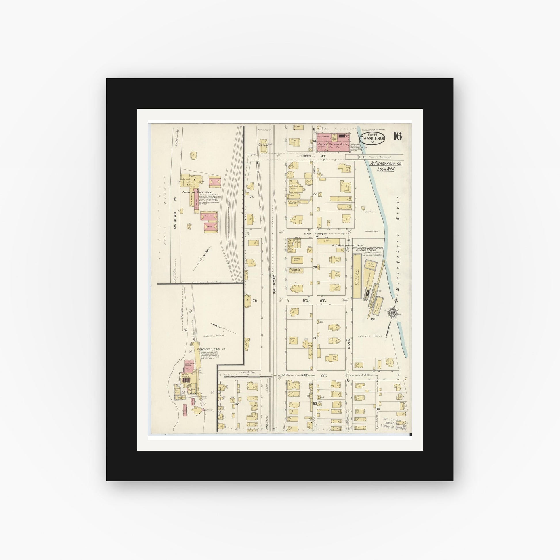 Old map wall art mockup — black gallery frame with white mat — Sanborn Fire Insurance Map from Charleroi, Washington County, Pennsylvania (1913), Sheet #0016
