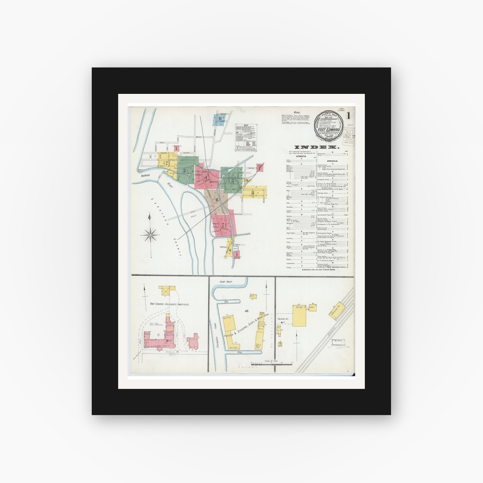 Old map wall art mockup — black gallery frame with white mat — Sanborn Fire Insurance Map from Fort Edward, Washington County, New York (1900), Sheet #0001
