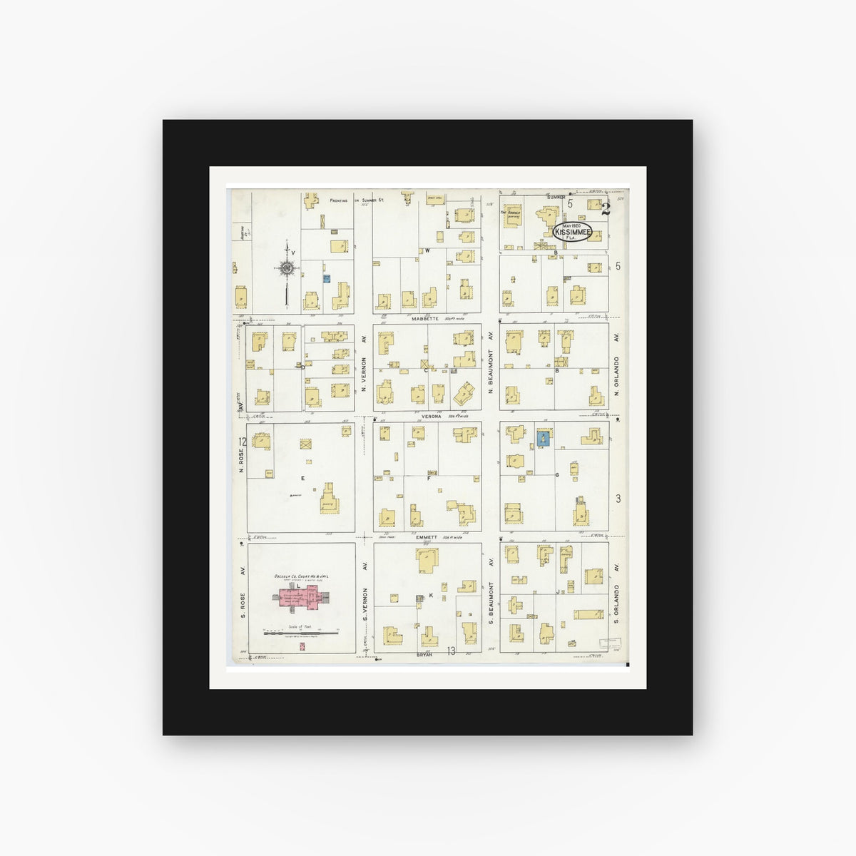 Old map wall art mockup — black gallery frame with white mat — Sanborn Fire Insurance Map from Kissimmee, Osceola County, Florida (1920), Sheet #0002