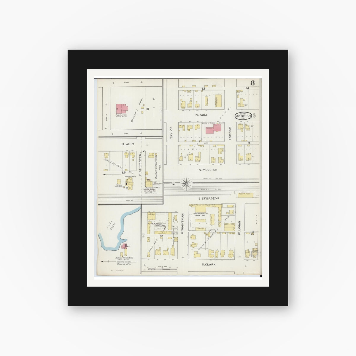 Old map wall art mockup — black gallery frame with white mat — Sanborn Fire Insurance Map from Moberly, Randolph County, Missouri (1893), Sheet #0008
