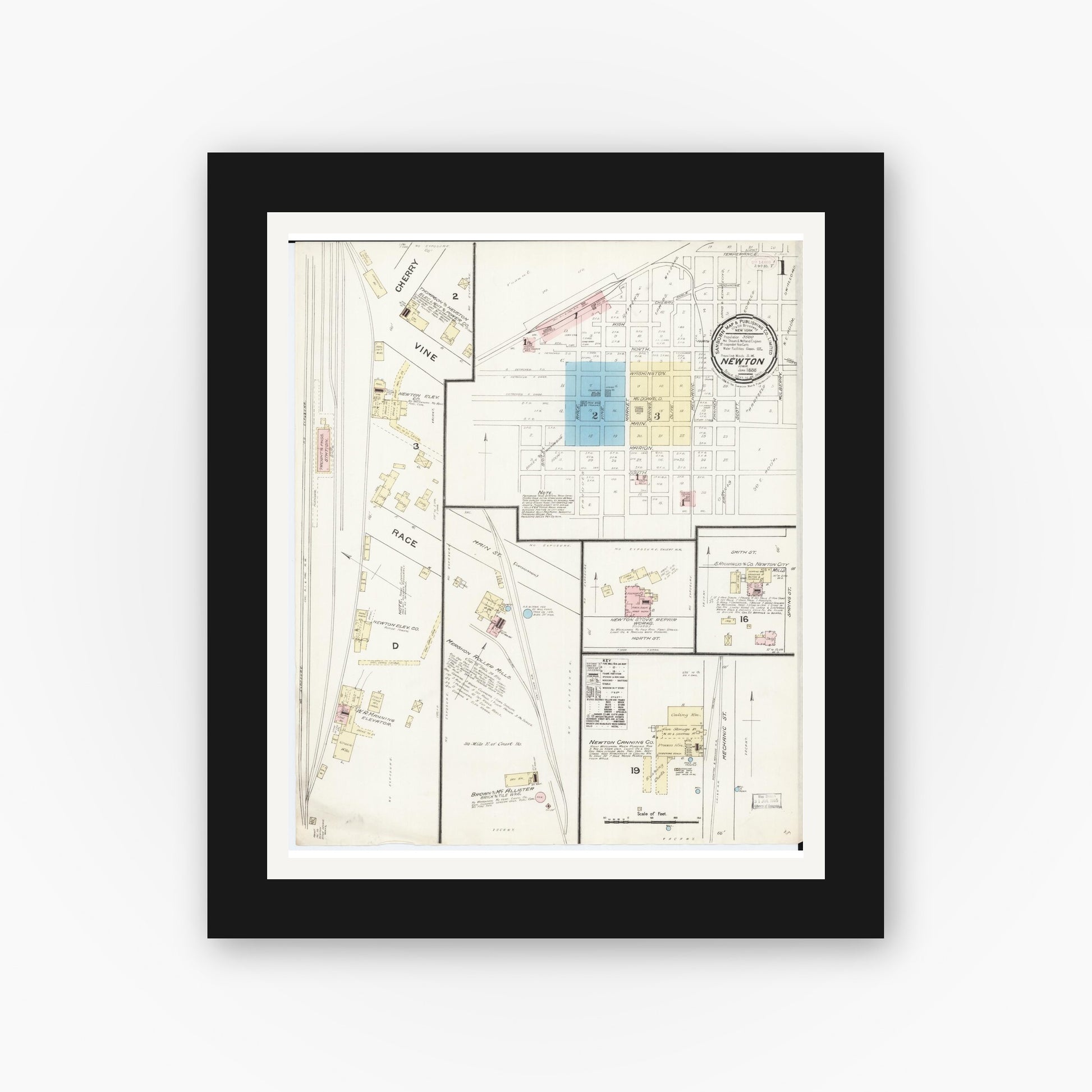 Old map wall art mockup — black gallery frame with white mat — Sanborn Fire Insurance Map from Newton, Jasper County, Iowa (1888) â€” Complete Set