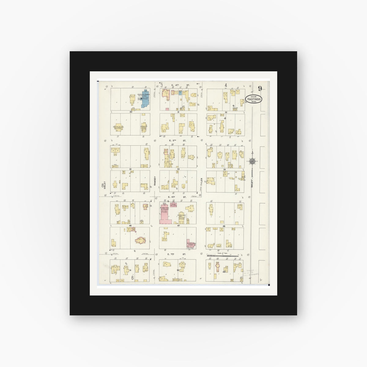 Old map wall art mockup — black gallery frame with white mat — Sanborn Fire Insurance Map from Hastings, Dakota County, Minnesota (1911), Sheet #0009